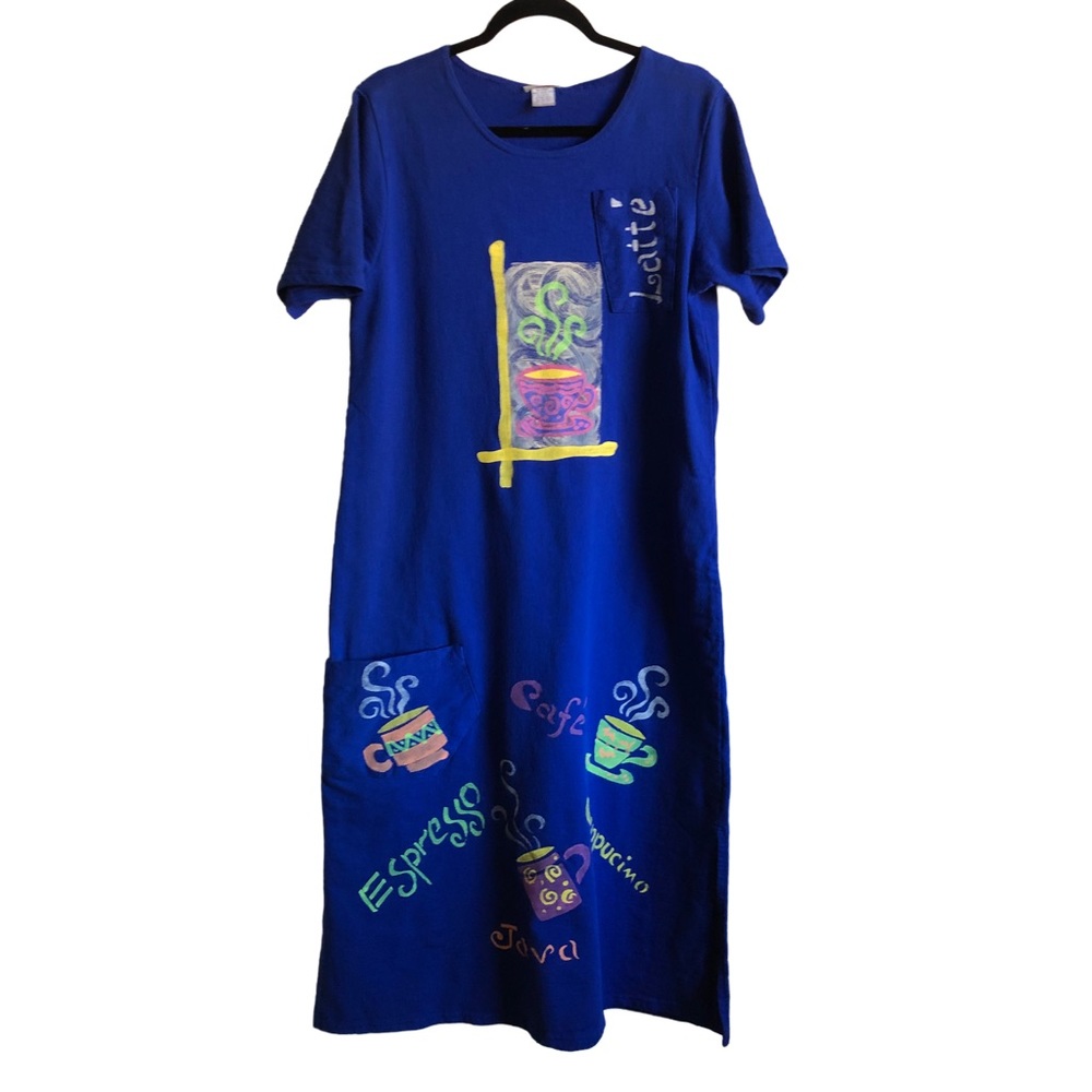 Vintage Women’s Lagenlook Cotton Maxi Dress Royal Blue Coffe Lovers Size M